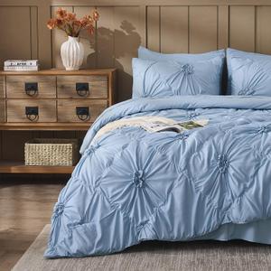 Sky Blue Comforter Set King Size Bed in A Bag 7 Piece Pinch Pleat Bedding Set, Pintuck Ruched Flowers Bed Set with Comforter, Sheets, Pillowcases & Shams