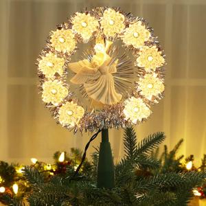 Brizled Christmas Tree Topper, 8" Lighted Angel Tree Topper with 11 Count Lights, Siver Tinsel Wreath Tree Toppers, Warm Lighted Angel Tree Topper with 10 Flowers, Plug in Treetop for Christmas Tree