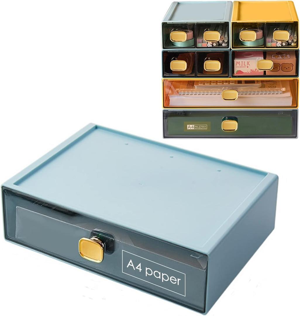 Stackable Desk Organizer Drawer 13"Wx9"Lx3.3"H Large Desktop Storage Drawers for Printer Paper Clear Stacking Storage Organizer Box for Office, Home, Stationery, Bathroom (Blue, L)