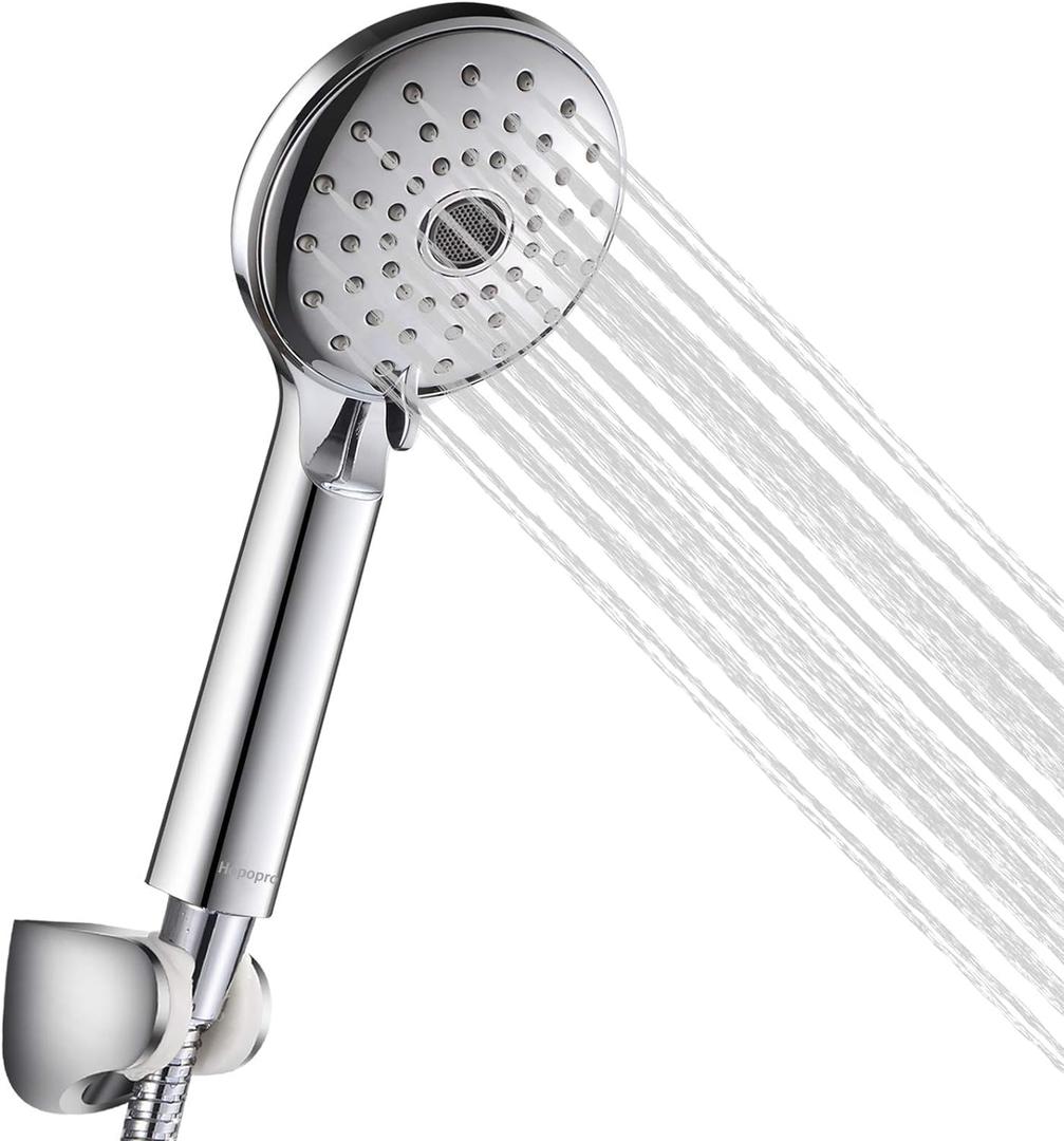 HOPOPRO High Pressure Handheld Shower Head Set with 59 Inch Stainless Steel Hose Adjustable Overhead Bracket, Leak-Resistant Design, Bonus Teflon Tape, Rubber Washers