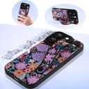 AIGOMARA for iPhone 16 Pro Case with Strap, Cute Floral Silicone, Black | Cute Colorful Floral Flowers Pattern, Soft Silicone Wristband Kickstand Full Camera Protective Cover for Women Girls