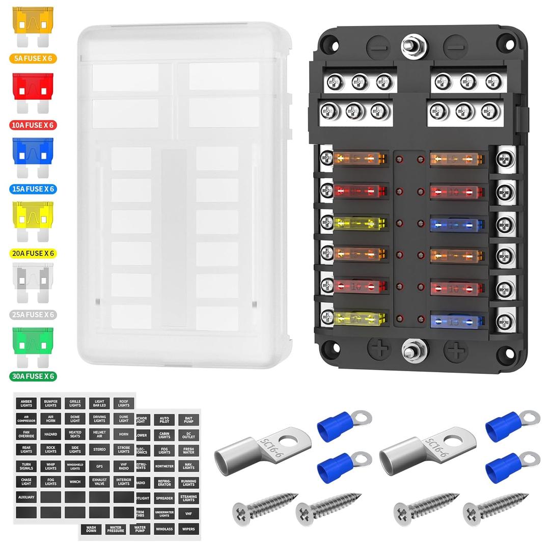 DaierTek 12 Way Fuse Block, 12 Volt Blade Fuse Block with LED Indicator 12 Circuit Fuse Box 12V ATO/ATC Marine Fuse Panel 24V with Waterproof Cover Fuse Terminals for Automotive Boat Car RV