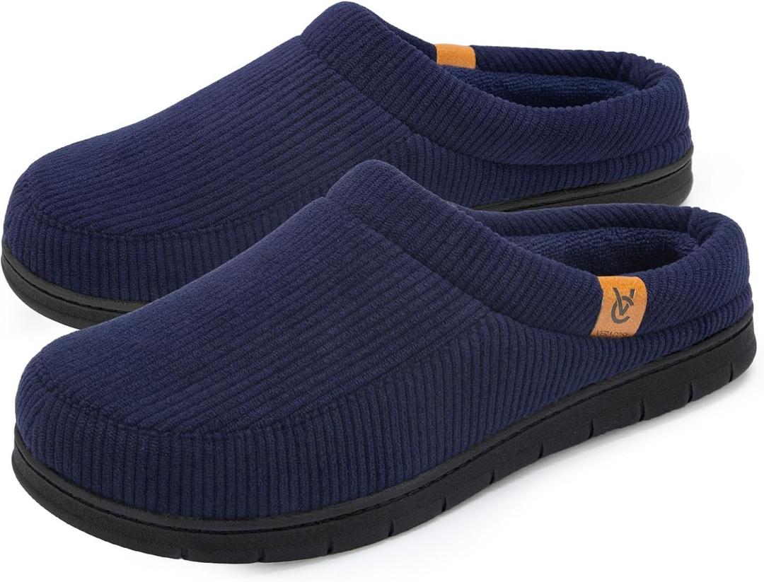 VeraCosy Men's Corduroy Moccasins Slippers Memory Foam Indoor Outdoor House Shoes Dark Navy, 9-10 US