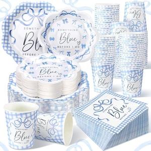 Newtay 250 Pcs Something Blue Bridal Shower Disposable Plates and Napkins Blue Bow Paper Tableware Set for 50 Guests Paper Plates Napkins Cups for Wedding Bridal Shower Party Supplies