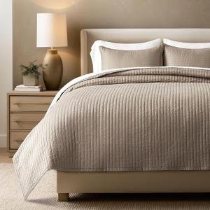 EVERGRACEHOME Cotton Sateen Quilt Set Queen Size, Pre-Washed Cotton Channel Stitch Coverlet Bedspread, 3 Pieces Lightweight Soft Bedding Sets for All Season, with 2 Pillow Shams, Stone Taupe, Full/Queen