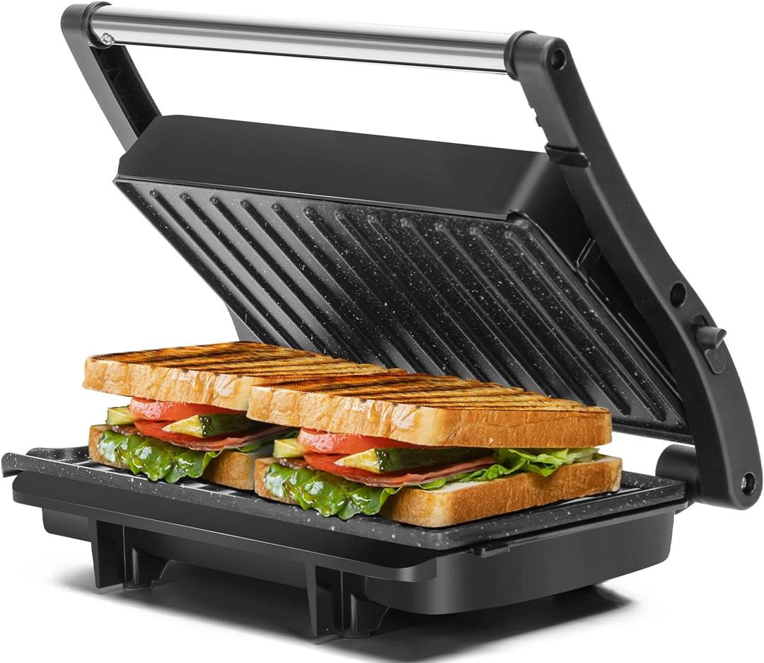 Panini Press Grill, Aigostar 1000W Sandwich Maker with Ceramic Non-stick Plates, Opens 180 Degrees for Any Size Food, 3-in-1 Sandwich Press Electric Grill, Drip Spout & Locking Lid, Sliver (Black)