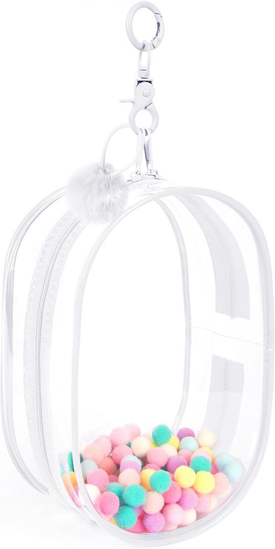 CHICHO Clear Figure Display Bag with White Hairball Keychain, Portable Doll Storage Bag Hanging Blind Box Organizer Zipper Closure