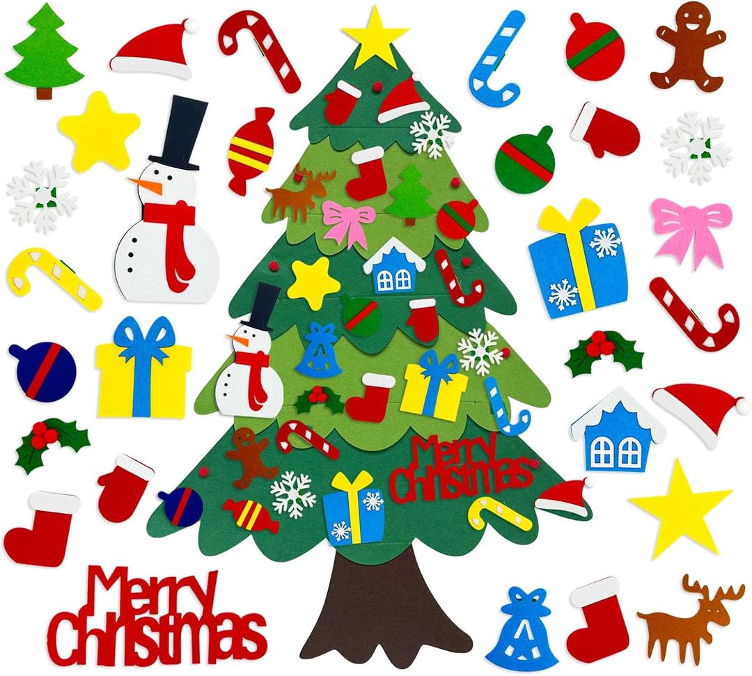DIY Felt Christmas Tree with 32 Pcs Ornaments, 3.2Ft Felt Xmas Tree for Montessori Indoor Christmas Door Wall Windows Hanging Party Supplies New Year Decorations