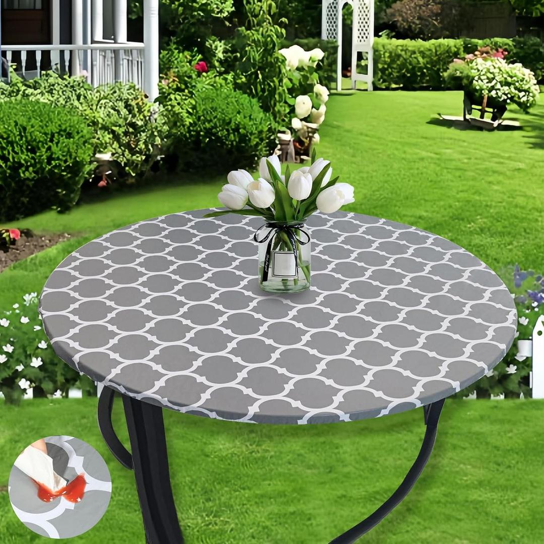 Eiszhjk Round Fitted Tablecloth with Elastic - Vinyl Table Cloth for 36"- 48" Tables, Wipe Clean Flannel Backed, Non-Slip Picnic Table Cover for Dining, Camping, Indoor and Outdoor, Grey and White