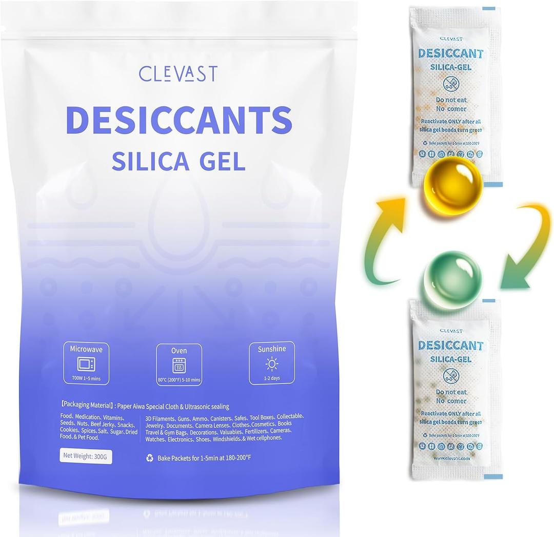 CLEVAST Silica Gel Packets Desiccant Packs for Storage 10 Gram 30 Packets, Silica Packets for Moisture Control, Food Grade Safe, Rechargeable Moisture Absorbers Gun Safe Dehumidifier for Jewelry