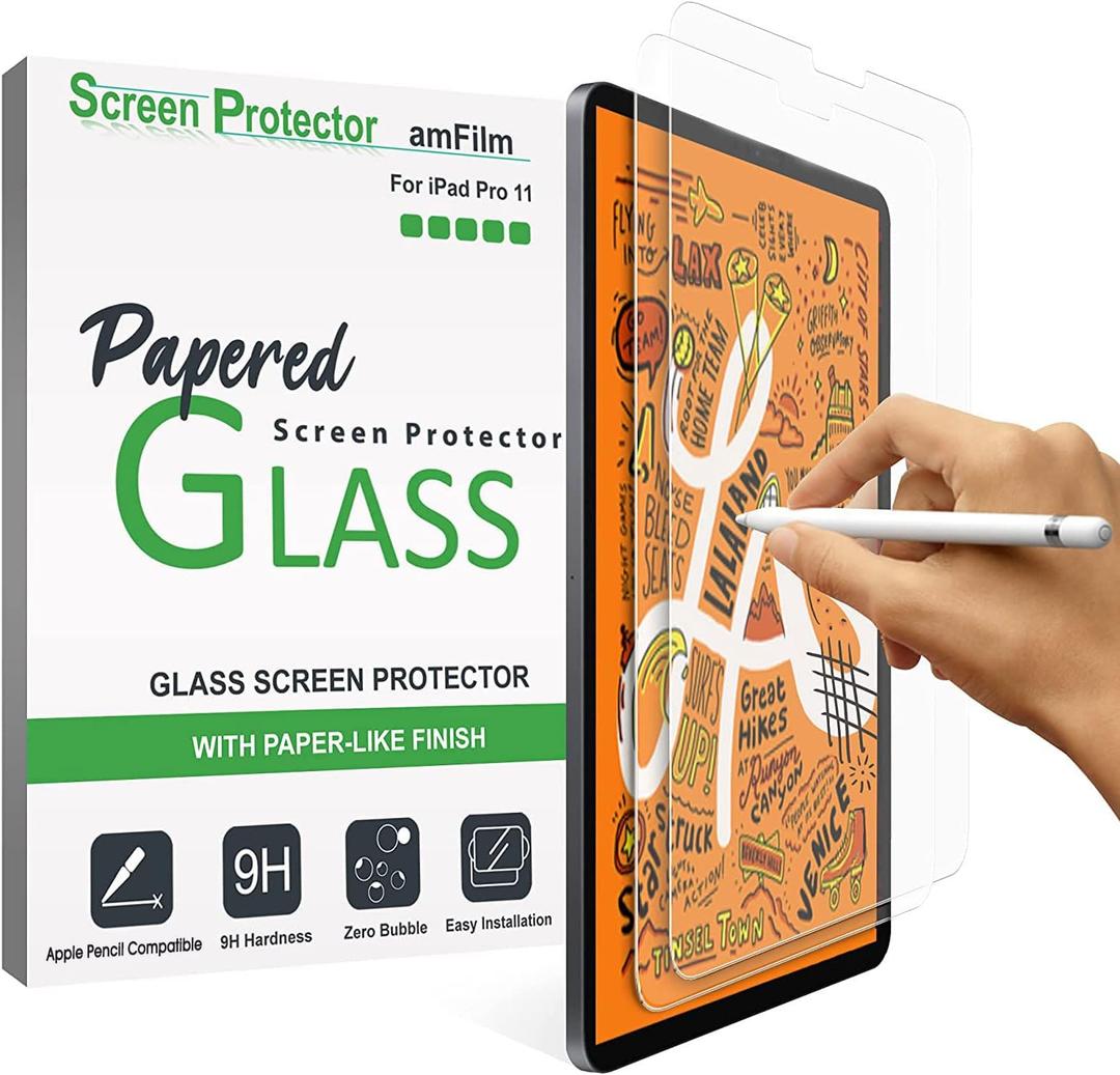 AmFilm 2-Pack PAPERed Glass Screen Protector compatible with iPad Pro 11, iPad Air 5/4 (2020/2022), Tempered Glass Screen Protector with a Paper-Matte Finish