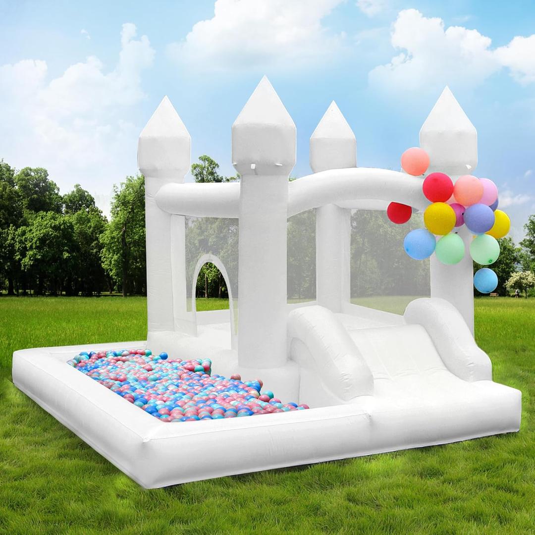White Bounce House with Blower Included, 9x9x7FT Inflatable Bounce House Castle with Ball Pit and Slide,Small Jumper Bouncy Castle, Fun for Kids Birthday Party