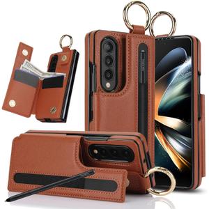 Asuwish Phone Case for Samsung Galaxy Z Fold 4 5G 2022 Wallet Cover with S Pen SPen Slot Credit Card Holder Stand Slim Rugged Mobile Flip Cell Accessories ZFold4 Z4 Fold4 4Z ZFold45G Women Men Brown