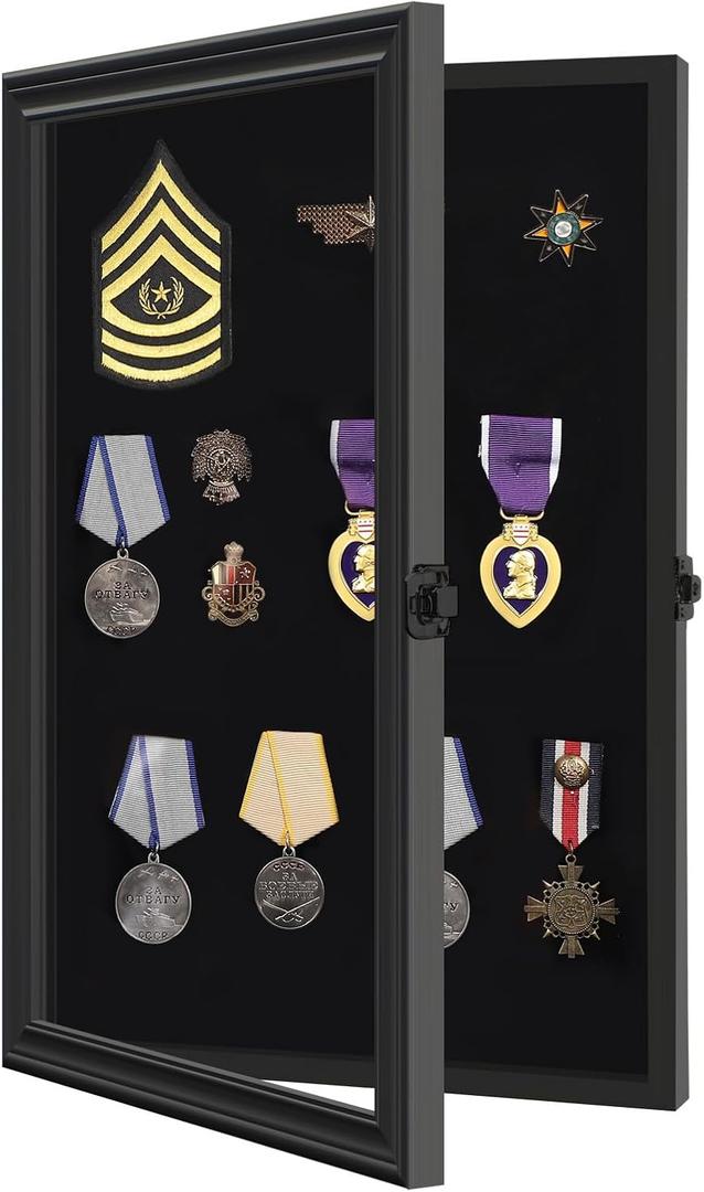Verani Pin Display Case - 12x18 Collection Display with Tempered Glass Door for Medals, Tags, Jewelry, Gifts, Ribbons, Collectibles, Black