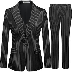 Kelyaa Women's 3 Piece Striped Suit One Button Slim Fit Business Work Professional Blazer Jacket Vest Pants Set (Black, M)