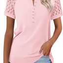 Minetom Women's Lace Short Sleeve Tops Henley Shirts Business Casual Blouses Summer Tops (Pink, L)