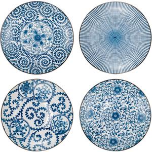 Foraineam Set of 4 Blue and White Porcelain Serving Plates Floral Dinner Shallow Plates Appetizer Salad Dessert Snack Plate Set