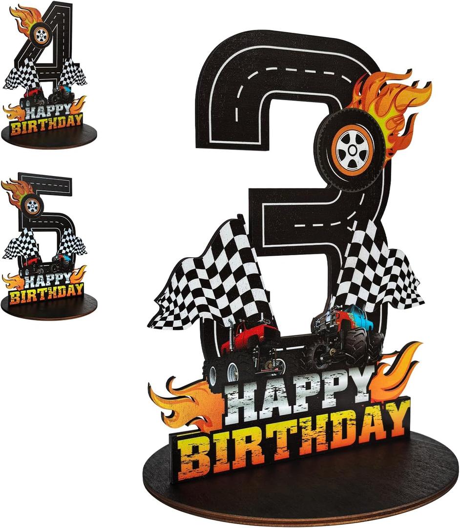 Truck Birthday Number Sign Centerpiece, Truck Wooden Decoration Photo Props for Truck Birthday Decorations (3rd)