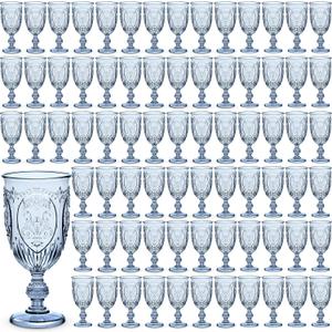 Wiwiqing 100 Pcs Plastic Goblets 7.5oz Vintage Goblet Plastic Wine Glasses Colored Retro Embossed Water Goblets for Wine Bar Juice Baby Shower Wedding Reception Grand Event Party (Blue)