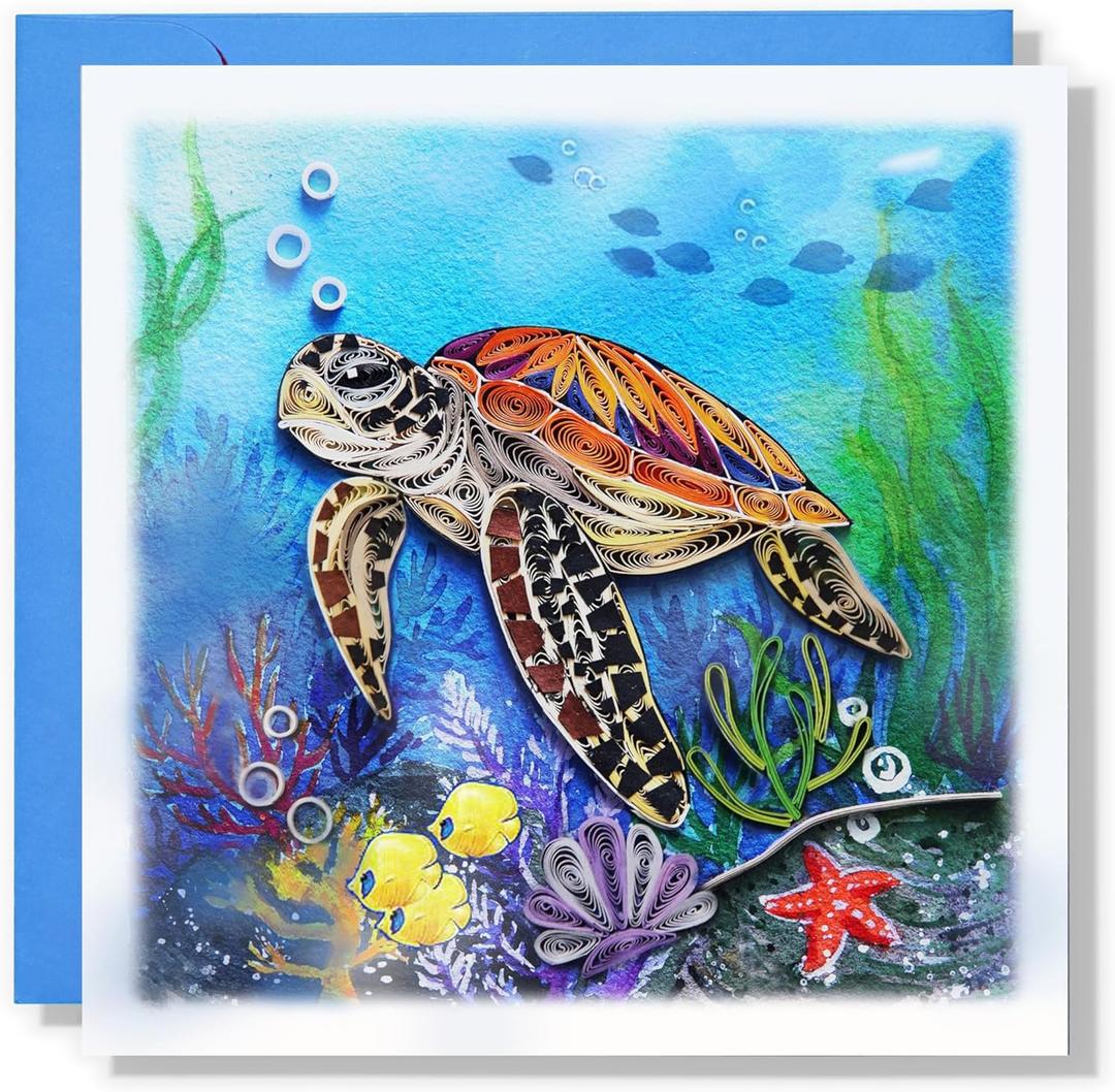 Sea Turtles Under The Sea Animal Greeting Card, Artful Painting Quilling Card for Get Well, Birthday, Thank You, Thinking Of You, Mothers Day, Father, Pet (Turtle)