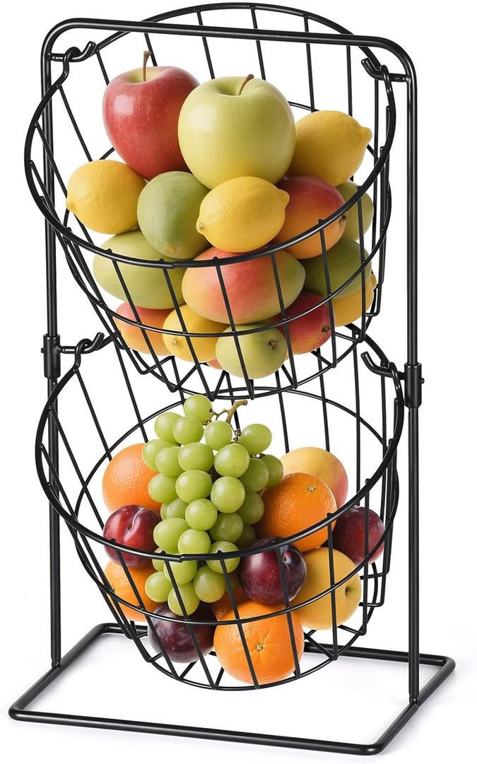 2 Tier Fruit Basket , Countertop Fruit Vegetable Bowl for Kitchen Counter Metal Wire Storage Basket Fruits Stand Holder Organizer for Bread Snack Veggies Produce（Black）