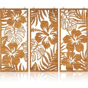 Pack of 3 Tropical Wall Decor 3d Wooden Palm Leaf Wall Art Monstera Sculptures Wood Hibiscus Flowers Hanging Decor Vintage Plant Plaque for Home Bathroom 7.09 x 15.75 Inch (Classic Style)