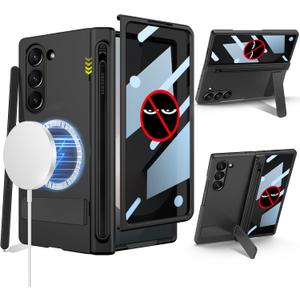 for Samsung Galaxy Z Fold 6 Case with New Integrate Thinner Pen Holder, Built in Privacy Screen Protector, for Round Shape Magsafe Accessories, Adjustable Metal Stand, Magnetic 2024, Black