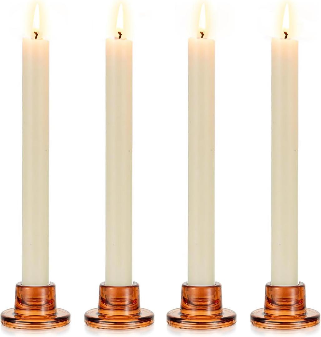Glasseam Glass Tapered Candlestick Holders: 4Pcs Amber Small Candle Sticks Holder Decor Short Taper Candle Holders for Table Centerpiece Vintage Thanksgiving Christmas Farmhouse Decoration