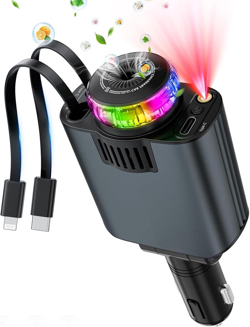 Starlight Retractable Car Charger with Aromatherapy, 5 in 1 Fast Charging 66W Car Phone Charger Adapter, USB C Car Accessories Compatible with iPhone 16/15/14/13/12/11 and Android (Gray)