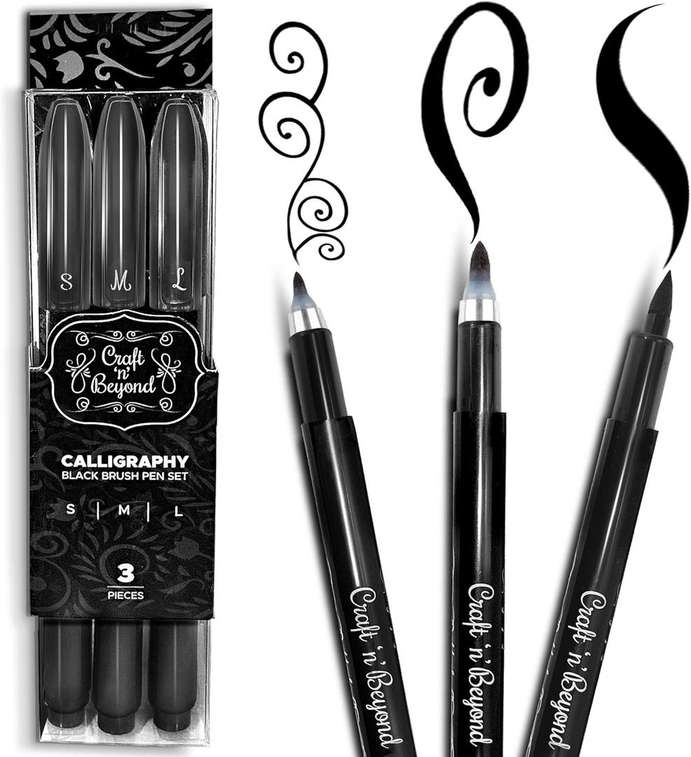 Craft 'n' Beyond Calligraphy Brush Pens Pack of 3 Small, Medium and Large Markers for Hand Lettering, Art Drawing, Sketching, Scrapbooking, Writing, Journaling - Beginner Kit with Fadeproof Black Ink