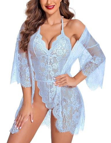 Avidlove 2 Piece Women Lingerie Bodysuit Lace Teddy Lace Kimono Robe Babydoll Lingerie Swimsuit Cover Up, Small