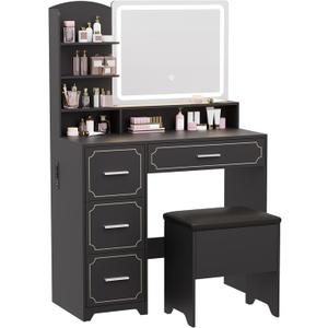 Hogxp Vanity Table with LED Mirror & Power Outlet - 5 Open Shelves, 4 Drawers - Includes Padded Stool - Ideal Bedroom Makeup Dressing Table Black