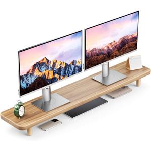 Dual Monitor Stand Riser, 39 Inch Extra Long Wooden Desktop Monitor Riser with Storage for 2 Monitors Ultra Strong Desk Shelf Organizer Riser Ergonomic for 2 Screens/Laptop/PC/TV/Printer, Light Walnut