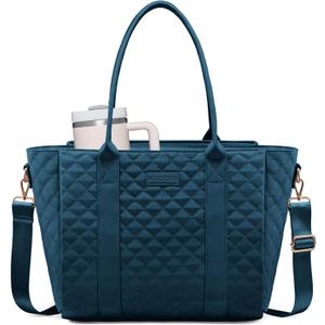 LOVEVOOK Teacher Tote Bag for Women, Quilted Work Tote Nurse Laptop Bag, Large Computer Shoulder Bags with Zipper for Travel (15.6 Inch, Blue Green-B)