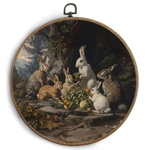 KTYHD Vintage Bunny Round Wall Art Decor, Cottagecore Rabbit Family Canvas Wall Art, Retro Farmhouse Rabbit Decor For Home Bedroom Living Room, Bunny Gifts For Lovers