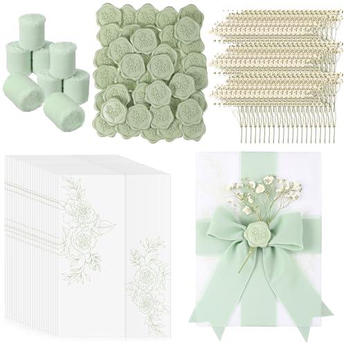 Fullhawl 50 Sets Wedding Invitations Wraps Set Pre Folded Vellum Jackets for 5 x 7 Invitations Dried Wax Seal Stickers Chiffon Silk Ribbon for Wedding Birthday Bridal Shower Craft DIY (Green)