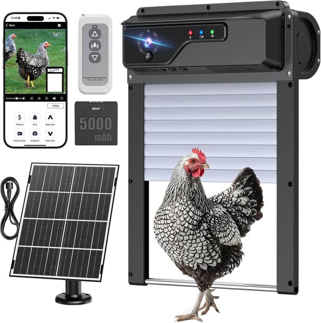 Automatic Chicken Coop Door with Camera, Solar Powered Smart Chicken Door with WiFi App Control, 1080P HD Night Vision, 5000 mAh Battery, Anti-Pinch Safety, Smart Alerts, Space-Saving Roll-Up Design