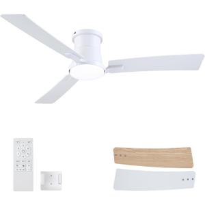 52 Inch Ceiling Fans with Lights,White Modern Flush Mount Ceiling Fans,Low Profile Ceiling Fan for Bedroom,Courtyards,Living Room,3CCT Dimmable,6-Speed Reversible,Noiseless&Quiet Motor,ETL Listed