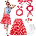 Ibeauti 50s Costumes for Women Girls 1950s Poodle Skirt Outfits Set with Cat Eye Glasses Chiffon Scarf Bandana Tie Headband Earrings Socks (X-Large, Red)