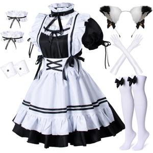 Wannsee Anime French Maid Apron Lolita Fancy Dress Cosplay Costume Furry Cat Ear Gloves Socks set(3XL) (Black-white)