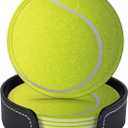 Tennis Ball Coasters for Drinks with Holder Round Leather Coasters Set of 6 Cups Mugs Mat Pad for Home Kitchen Bar