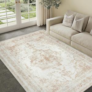 Vintage Area Rug 6x9 Indoor Living Room Beige Washable Medallion Large Carpet Traditional Retro Accent Throw Rug Low Pile Non Slip Distressed for Kitchen Office Dining Room Bathroom Bedroom (6' x 9' (Rectangular), Distressed | Beige)