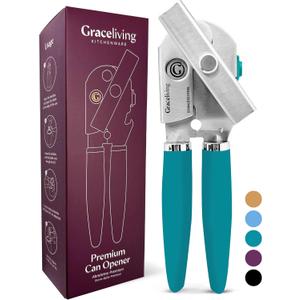 Premium Multifunctional Magnetic Manual Can Opener and Bottle Opener, Heavy Duty Stainless Steel Sharp Cutting Blade and Oversized Easy Turn Knob, Soft-Touch Handle, Kitchen Use, Teal