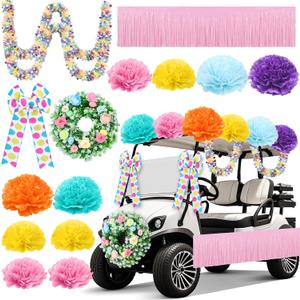 Suncalla 16 Pcs Easter Golf Cart Decorations Spring Party Decorations Festival Bowties Pastel Wreath Tinsel Garland Fringe Tissue Paper Flowers for Golf Cart Party Supplies Decor