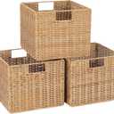 12X12X10in Plastic Wicker Storage Basket, Collapsible Wicker Cube Storage for Shelves, Woven Plastic Storage Basket for Pantry, Bedroom, Living Room, Bathroom, Shelves-3 Pack (Natural)