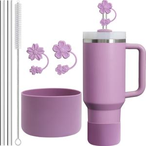 6-Pack for Stanley Cup Accessories Set 30/40 Oz Tumbler, 2 Straw Cover, 2 Replacement Straws, 1 Straws Cleaner Brush, 1 Boots, SIlicone Cherry Flower Straw Topper Cap (Lilac)
