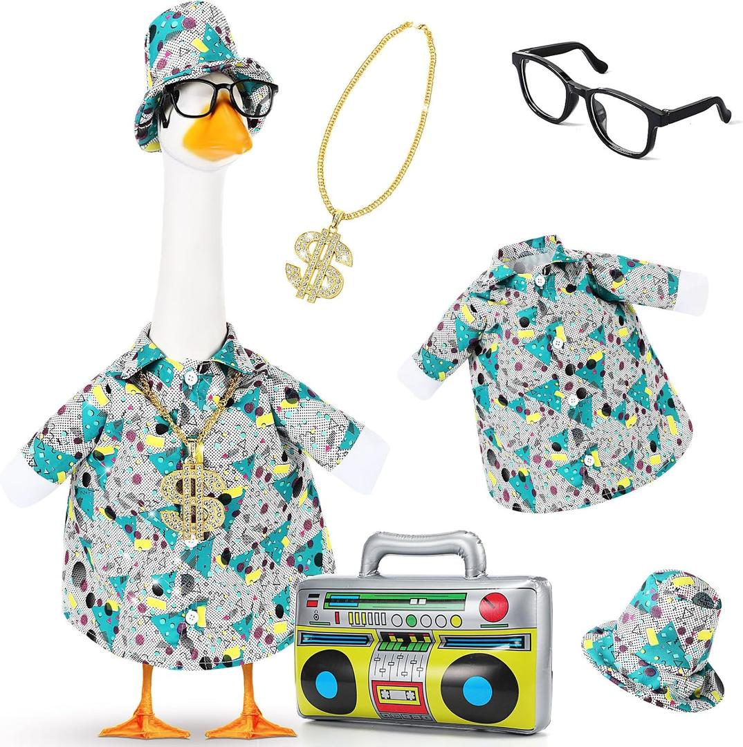 80s/90s Porch Goose Outfit Bucket Hat with Sunglasses Faux Gold Chain Summer Goose Outfit for 17''/23'' Porch Statue Garden Patio Statue Art Decor