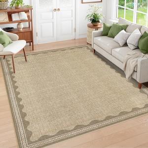 Scalloped Washable Rug 8x10 Area Rugs for Living Room, Solid Jute Rug for Bedroom Girls, Non Slip Scalloped Throw Rugs with Rubber Back, Soft Dorm Nursery 8x10 Carpet for Dining Room
