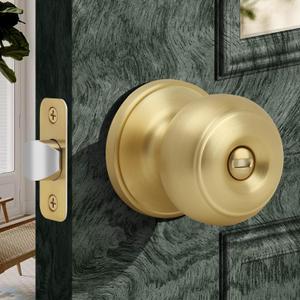 Moquin Flat Ball Privacy Brushed Gold Door Knob No Key, Round Interior Door Knob in Satin Brass Finish, Keyless Doorknob Lock for Bedroom Bathroom (1 Pack, Stain Brass)