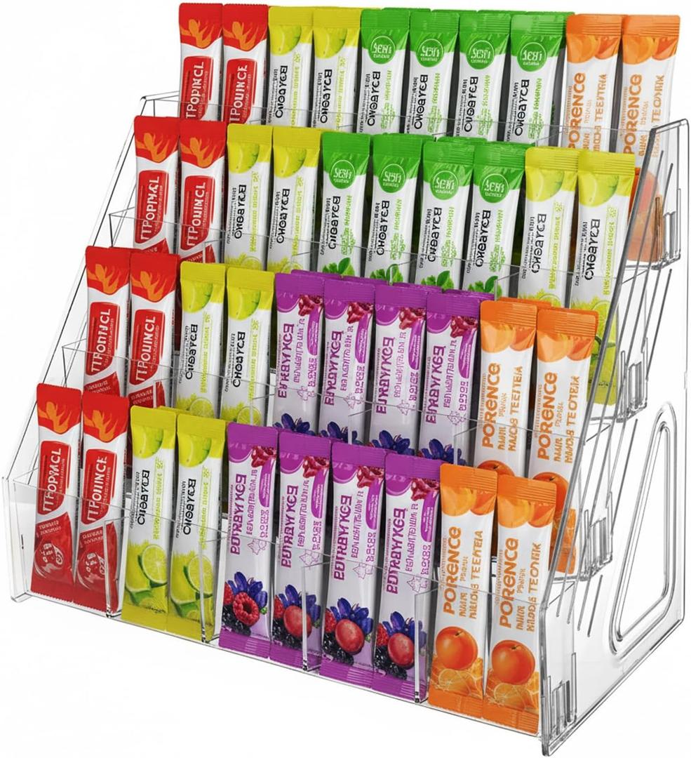 4-Tier Acrylic Drink Packet Organizer with 20 Compartments, Sugar Packets Drink Mix Organizer, Water Flavor Packet Holder for Kitchen Pantry Cabinet Storage Coffee Station